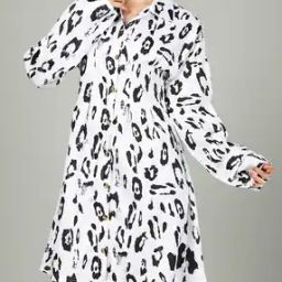 Shein Cuffed Sleeves Animal Print Pleated Shirt Dress-image-59