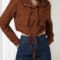 Shein Drop Shoulder Cuffed Sleeves Crop Jacket-image-14