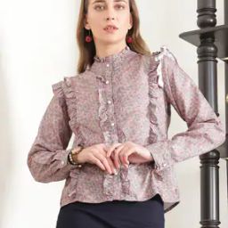 Shein Casual High Neck Full Sleeve Floral Print Top with Ruffle Detail-image-80