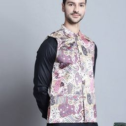 jompers Leaf Print Nehru Jacket with Welt Pockets image 2