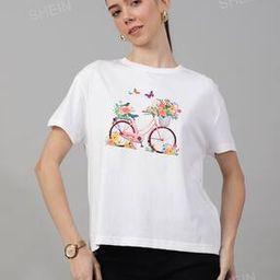 Shein Casual Short Drop-Shoulder Sleeves Chest Graphic Print Crew T-Shirt-image-80