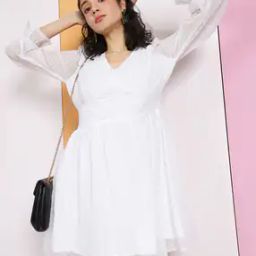 Shein Casual Smocked Waist Cuffed Sleeves Swiss Dot A-line Dress-image-3