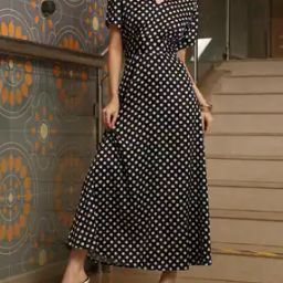 Shein Puff Sleeves Polka-Dot Print Fit & Flare Dress-image-99