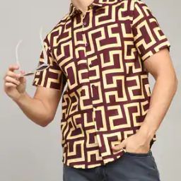 Shein Spread Collar Short Sleeve Geometric Print Shirt-image-43
