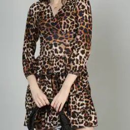 Shein Peasant Sleeve Animal Print Mini Layered Dress-image-82