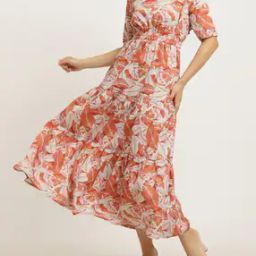 Shein Notched Neck Leaf Print Midi Tiered Dress-image-84