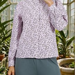 Shein Band Collar Cuffed Sleeve Floral Print Shirt-image-34