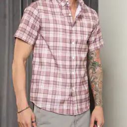 Shein Button-Down Collar Short Sleeve Checked Shirt-image-102