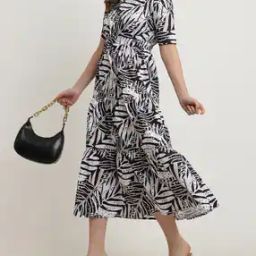 Shein Notched Neck Leaf Print Midi Tiered Dress-image-25