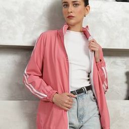 Shein Casual High Neck Full Striped Sleeve Peach Track Jacket-picture-22
