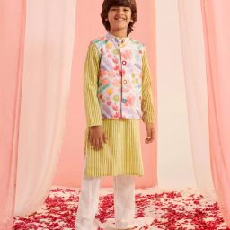 pspeaches Boys Striped Kurta Pyjamas Set with Printed Jacket image 3