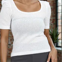 Shein Square Neck Puff Sleeve Textured Semi Sheer Fitted Top-image-2