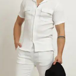 Shein Cuban Collar Chest Pocket Shirt with Mini Shorts-picture-53
