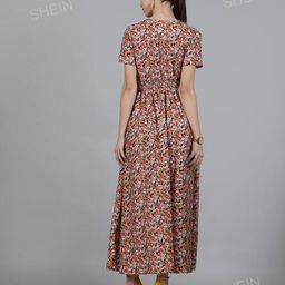 Shein Floral Print Smocked Waist A-Line Dress with Button Front image 3