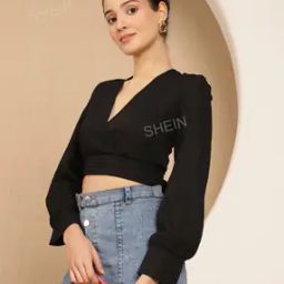 Shein Casual Bishop Full-length Sleeve Textured Mock Wrap Back Tie-up Top-image-85