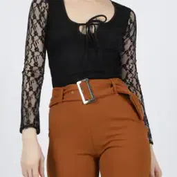 Shein Semi-Sheer Full Sleeves Lace Bodysuit-image-90
