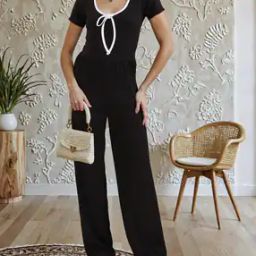 Shein Short Sleeve Contrast Trim Tie-Up Ribbed Jumpsuit-image-83