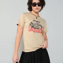 Shein Casual Khaki Graphic Chest Print Short Sleeve Crew T-shirt-image-89