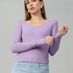 Shein Casual Short Length Full Sleeves Ribbed Lilac Top-image-33