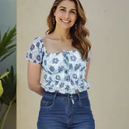 Shein Cute Square Neck Puff Sleeves Floral Print Fitted Short Top-image-71
