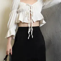 Shein Cute Tie-Up Neck Flounce Sleeves Peplum Loose Fit Crop Top-image-82