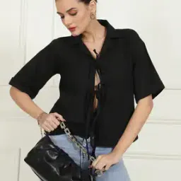 Shein Bold Elbow-length Drop-shoulder Sleeves Front Tie-up Blouse Top-image-3