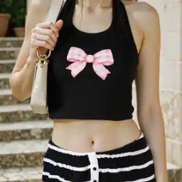Shein Halter Neck Graphic Print Ribbed Fitted Tank Top-image-73