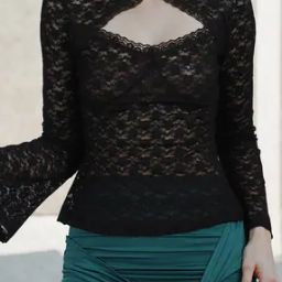 Shein Party Cut-Out Neck Bell Sleeves Semi-Sheer Lace Fitted Top-image-1