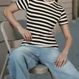 Shein Short Sleeves Ribbed Striped Fitted Crew Tshirt-image-59