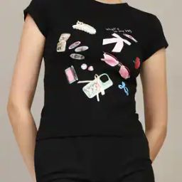 Shein Cap Sleeves Graphic Front Print Fitted Crew Tshirt-image-98