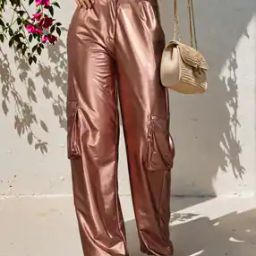 Shein Full Length Pleated Shimmer Pants With Pockets-image-61