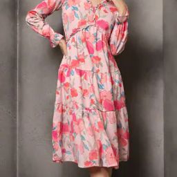 Shein Elegant Flounce Sleeves Floral Print Tiered Dress-image-16