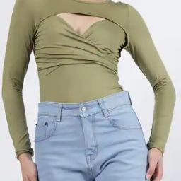 Shein Full Sleeves Front Cut-Out Textured Ruched Fitted Top-picture-46
