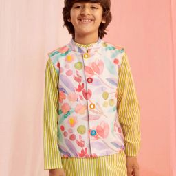 pspeaches Boys Striped Kurta Pyjamas Set with Printed Jacket image 5