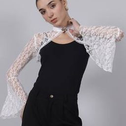 Shein Crop Length Bell Sleeves Button Up Neck Lace Shrug-11
