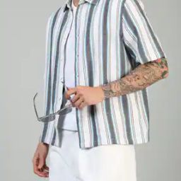 Shein Spread Collar Short Sleeves Striped Relaxed Fit Shirt-picture-29