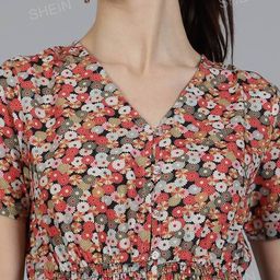 Shein Floral Print Smocked Waist A-Line Dress with Button Front image 5