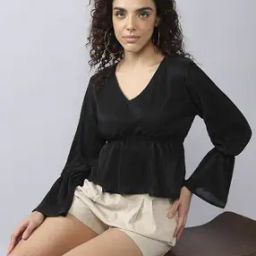 Shein Casual Flounce Sleeves Flared Hem Textured Top with Cinched Waist-picture-0