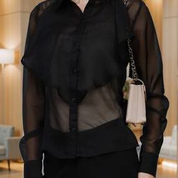 Shein Spread Collar Front Layer Detail Sheer Fitted Shirt-image-58