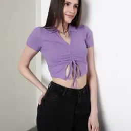 Shein Short Sleeves Ribbed Front Tie-Up Ruched Lilac Crop Top-image-70