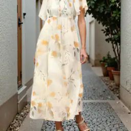Shein Elegant Flutter Sleeve Floral Print Fit & Flare Dress-image-21