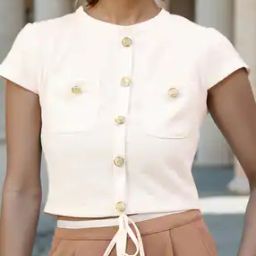 Shein Mock Buttons Textured Crop Top With Pockets-image-1