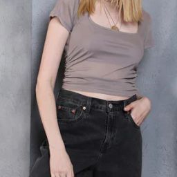 Shein Square Neck Ruched Mesh Fitted Crop Top-image-18