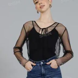 Shein Party Tie-Up Neck Mesh Shrug with Curled Hem & Sleeves-image-8