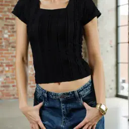 Shein Square Neck Cap Sleeves Textured Relaxed Fit Short Top-image-25
