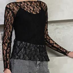 Shein Party Boat Neck Full Sleeve Curved Hem Lace Sheer Fitted Top-image-10