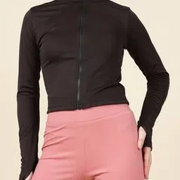 Shein Activewear High Neck Full Sleeves Fitted Short Track Jacket-image-47