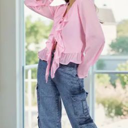 Shein Full Sleeves Tie-Up Neck Ruffled Relaxed Fit Blouse-image-41