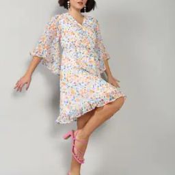 Shein Casual Angel Sleeves Ruffled Hem Mock Wrap A-Line Dress with Belt-image-15