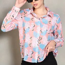 Shein Casual Spread Collar Cuffed Sleeves Floral Print Peach Shirt-image-4